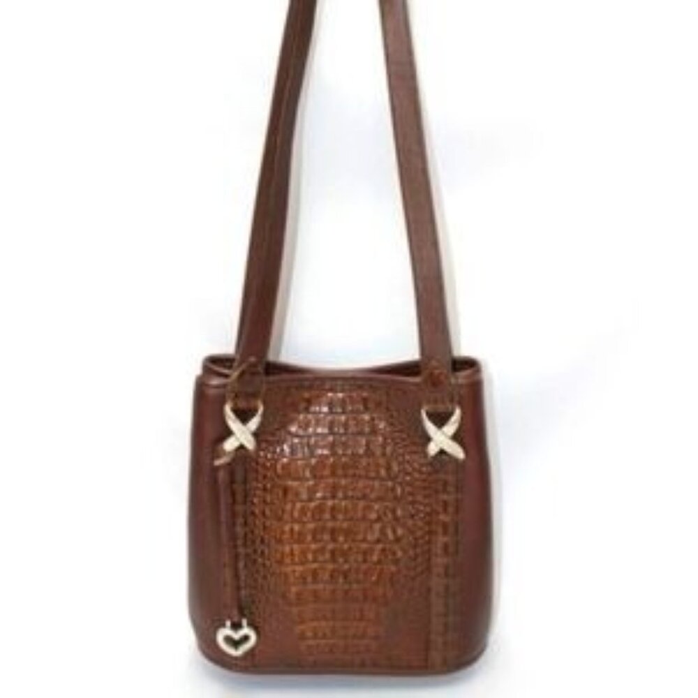 Vintage Brighton Brown Leather Croc Embossed Tote Handbag Heart Charm Classic